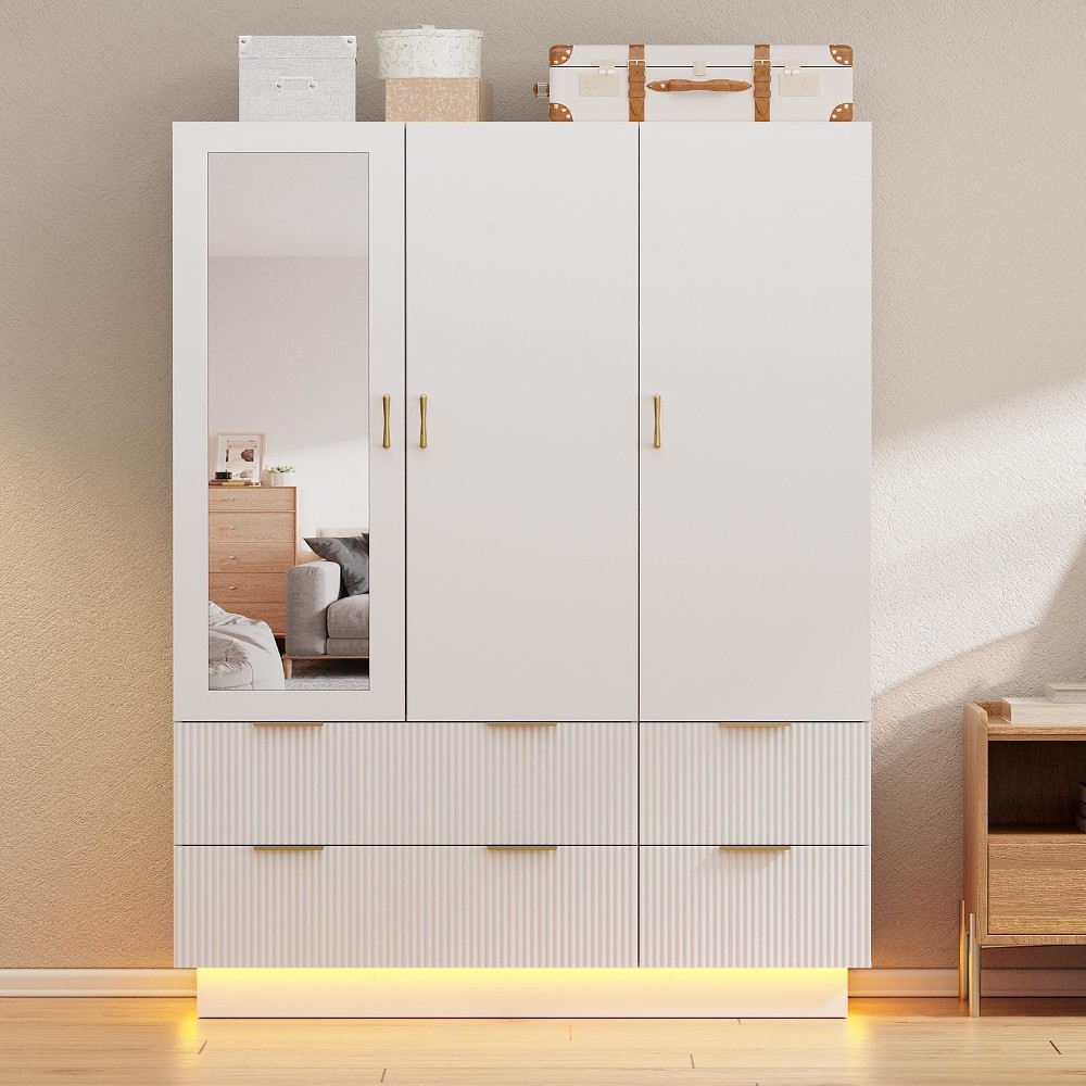 Jisudadai PAKASEPT Armoire Wardrobe Closet with 3 Door, Bedroom Armoires with Mirror and LED Lights, Hanging Rod, Drawers, Large Capacity Storage Wardrobe Armoire for Bedroom